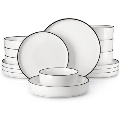 MALACASA 16 Piece Set Of White Curved Vertical Edge Design Ceramic Tableware Including 4 Plates/Dessert Plates/Soup Plates/Bowls Serving 4 People Black/White 16 MALACASA 16 Piece Set Of White Curved Vertical Edge Design Ceramic Tableware Including 4 Plates/Dessert Plates/Soup Plates/Bowls Serving 4 People Black/White 16