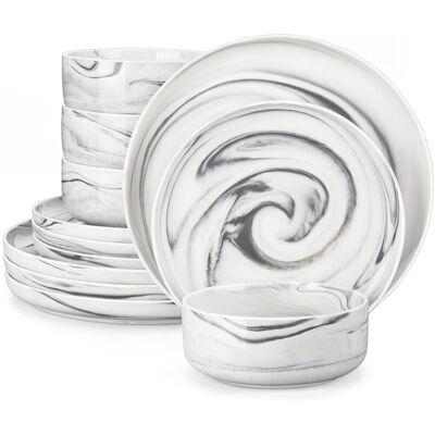 MALACASA 12-Piece Porcelain China Dinnerware Set - Service for 4 Grey/White 12 MALACASA 12-Piece Porcelain China Dinnerware Set - Service for 4 Grey/White 12