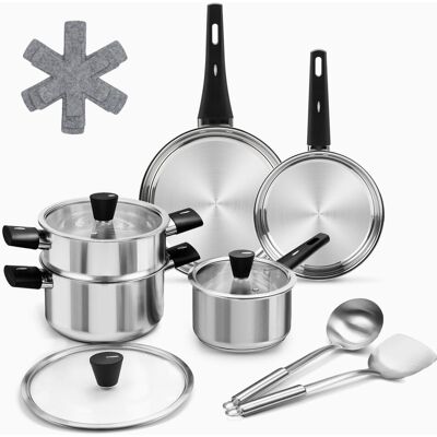 Naomi 14 - Piece Stainless Steel Cookware Set Stainless Steel 14 Naomi 14 - Piece Stainless Steel Cookware Set Stainless Steel 14
