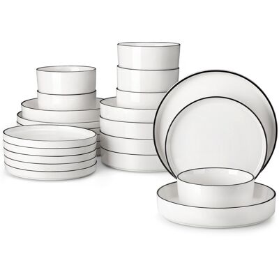 MALACASA 24 Piece Porcelain China Dinnerware Set - Service for 6 White/Black 24 MALACASA 24 Piece Porcelain China Dinnerware Set - Service for 6 White/Black 24