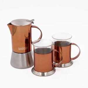 La Cafetière 3pc Espresso Set with 4-Cup Copper Espresso Coffee Maker and Two Coffee Mugs brown/gray
