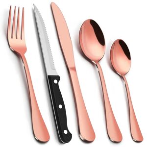 Ophelia & Co. 30 Piece Gold Cutlery Set With Steak Knives, Stainless Steel Flatware Silverware Sets Service For 6 People, Elegant Tableware Set Included Knives Fork pink