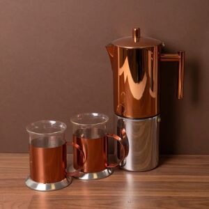 La Cafetière 3pc Espresso Set including 10-Cup Copper Espresso Coffee Maker and Two Coffee Mugs brown/gray