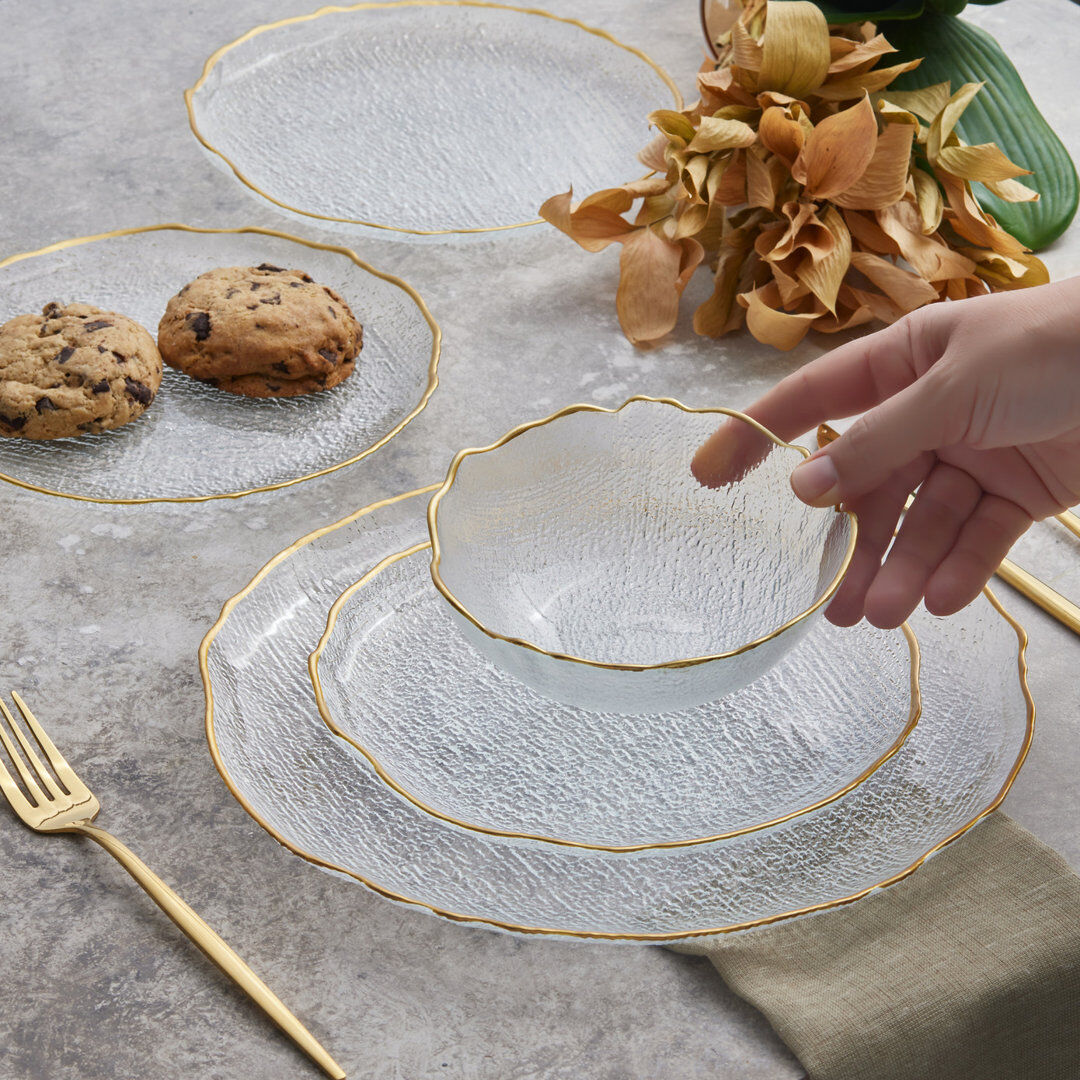 Karaca Milanda 12-Piece Glass Dinner Set for 4 People, Transparent Gold Gold;Clear 12