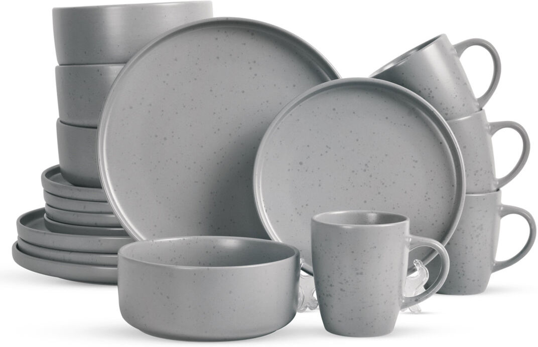 ROYALFORD 16 Piece Stoneware Dinnerware Set Includes 4 Dinner & Dessert Plates, 4 Cereal Bowl & 4 Mugs Grey 16