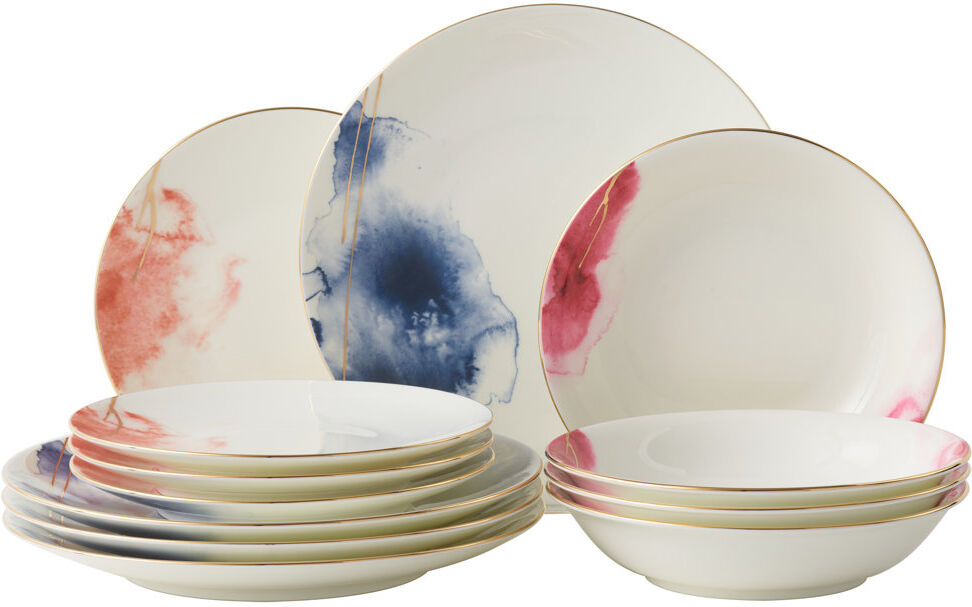 Ivy Bronx Dinner Set 12 Pieces Premium Porcelain Dinner Plate Side Plate Pasta Bowl Mug Gold Banding Chipping Resistance And Scratch Resistance White 12