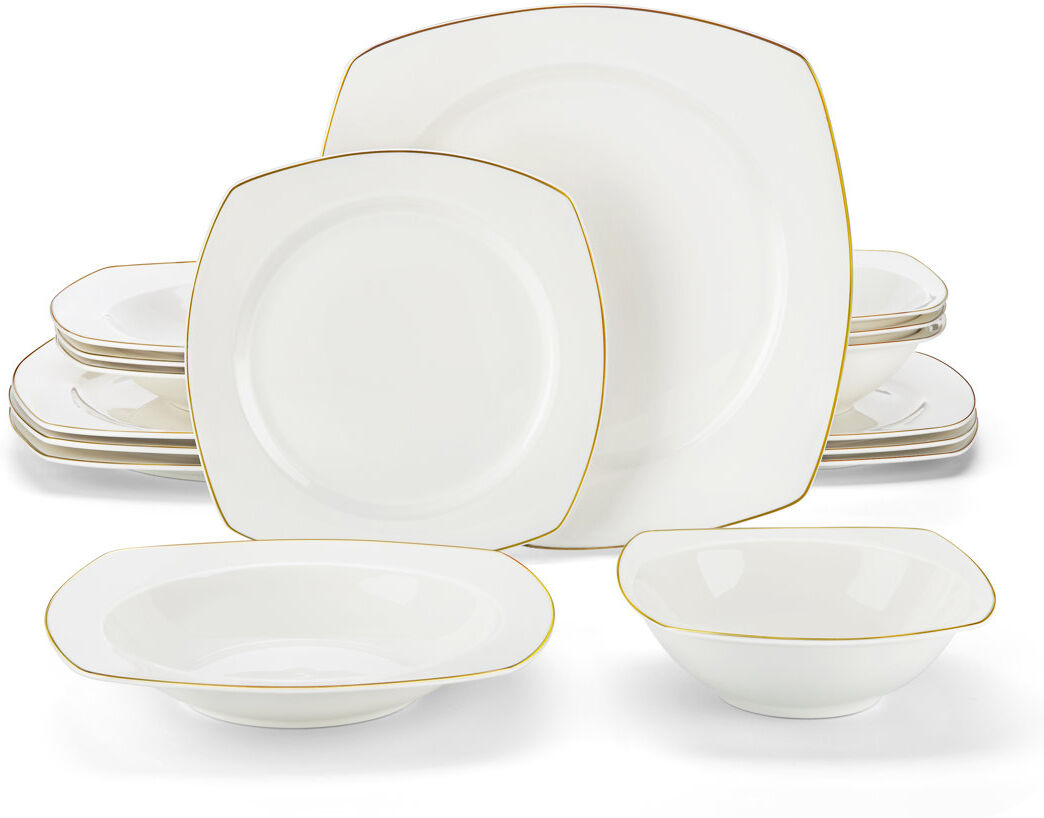 MALACASA 16-piece White Bone Porcelain Dinnerware Set With Gold Trim, Service For 4 White;Gold 16