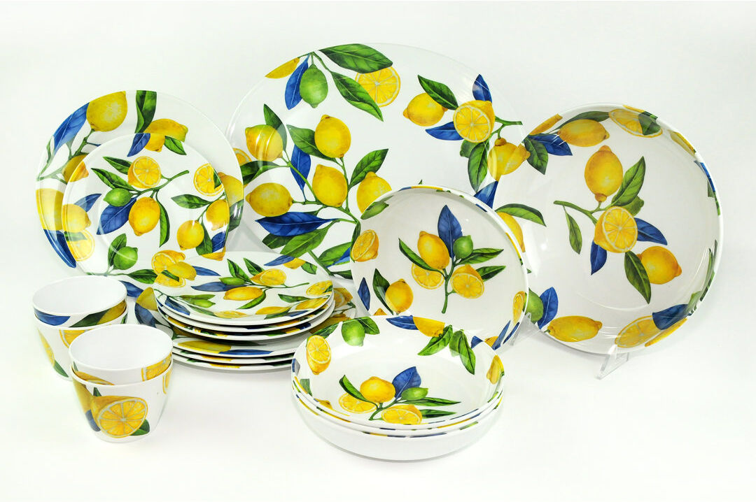 Brambly Cottage Lemon Orchard 18 Piece Dinnerware set, 4 Dinner Plates, 4 Salad Plates, 4 Bowls, 4 Dip Bowls, 1 Platter, 1 Serve Bowl, Microwave Safe, Dishwasher Safe Multiple 4