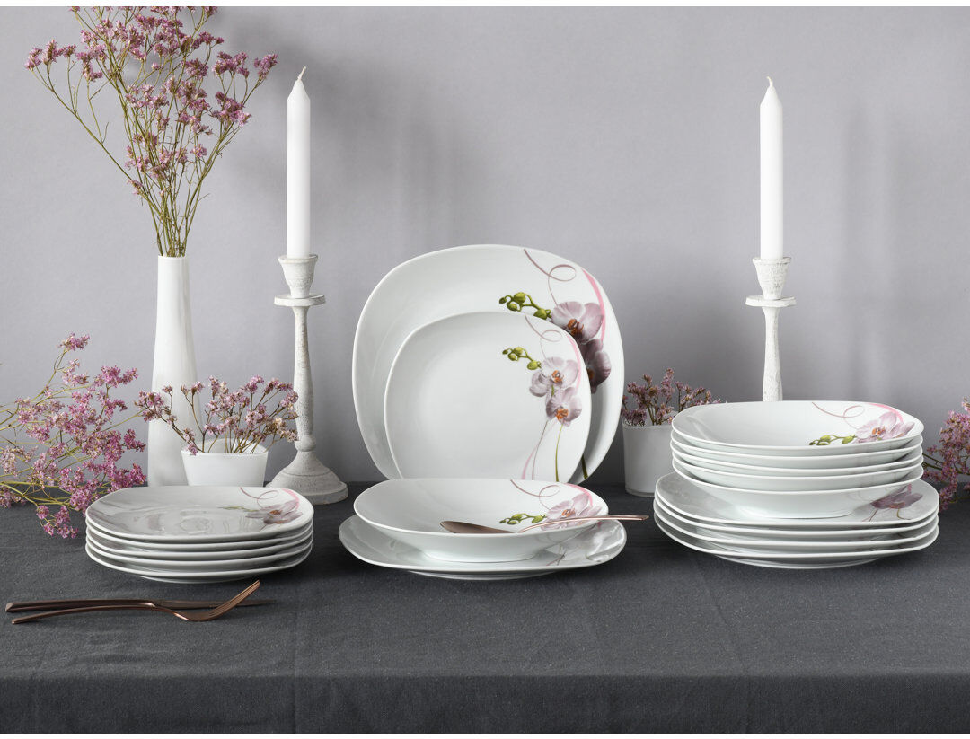 Creatable Square Orchid, 18-piece porcelain plate set White;Pink;Grey 18