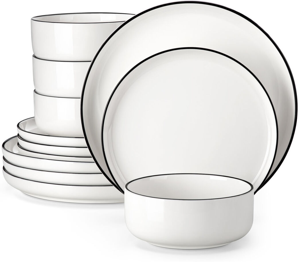MALACASA 12-Piece Round Porcelain China Dinnerware Set, Service For 4 Black;White;Ivory 12