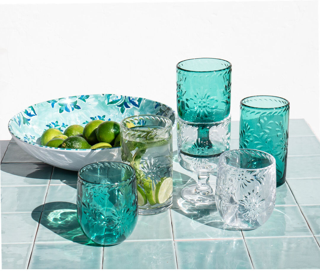 Metro Talavera Drinkware 12pcs Set, 6 Jumbo Drinkwares (530ml/pc), 6 Stemless Drinkwares (390ml/pc) - Teal and Clear color Teal