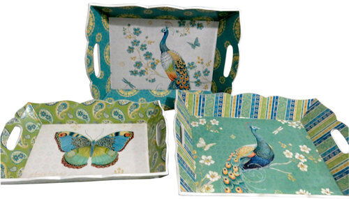 Lily Manor Higuera Peacock and Butterfly Print 3 Piece Coffee Table Tray Set Lily Manor  - Size: 21cm H X 30cm W X 30cm D Lily Manor Higuera Peacock and Butterfly Print 3 Piece Coffee Table Tray Set Lily Manor  - Size: 21cm H X 30cm W X 30cm D