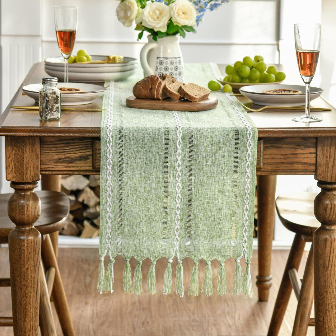 Bloomsbury Market Boho Tassel Table Runner Farmhouse Style Kitchen Decoration Green 33cm D X 303cm L