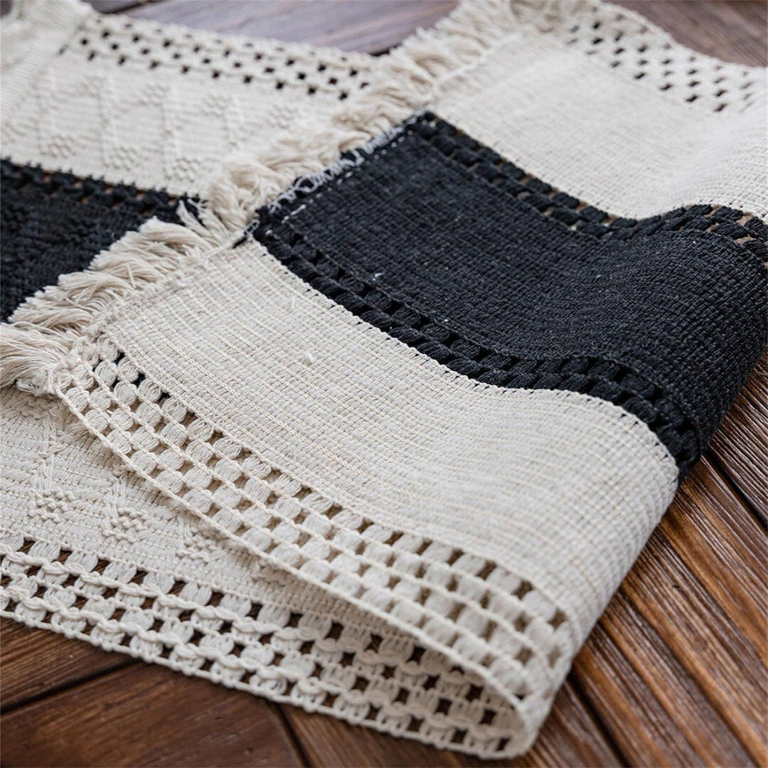 Gracie Oaks Macrame Table Runner Boho Tassels Hand Woven Cotton Rustic Beige/Black