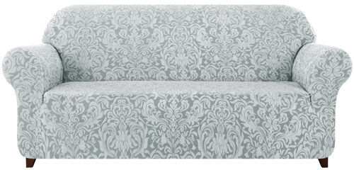 Astoria Grand Damask Printed Soft Stretchy Box Cushion Sofa Slipcover Astoria Grand Upholstery Colour: Light Grey, Size: 104cm H x 295cm W x 107cm D  - Size: Astoria Grand Damask Printed Soft Stretchy Box Cushion Sofa Slipcover Astoria Grand Upholstery Colour: Light Grey, Size: 104cm H x 295cm W x 107cm D  - Size: