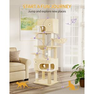 17 Stories Cat Tree for Indoor Cats, Multi-layer Scratching Post with Large Platform, 2 Caves, 7 Sisal Posts, Pompoms, Cat Basket, Hammock, Suitable for Cats Beige 178cm H x 55cm W x 45cm D 17 Stories Cat Tree for Indoor Cats, Multi-layer Scratching Post with Large Platform, 2 Caves, 7 Sisal Posts, Pompoms, Cat Basket, Hammock, Suitable for Cats Beige 178cm H x 55cm W x 45cm D