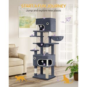 17 Stories Cat Tree for Indoor Cats, Multi-layer Scratching Post with Large Platform, 2 Caves, 7 Sisal Posts, Pompoms, Cat Basket, Hammock, Suitable for Cats Dark Grey 178cm H x 55cm W x 45cm D 17 Stories Cat Tree for Indoor Cats, Multi-layer Scratching Post with Large Platform, 2 Caves, 7 Sisal Posts, Pompoms, Cat Basket, Hammock, Suitable for Cats Dark Grey 178cm H x 55cm W x 45cm D