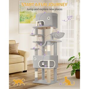 17 Stories Cat Tree for Indoor Cats, Multi-layer Scratching Post with Large Platform, 2 Caves, 7 Sisal Posts, Pompoms, Cat Basket, Hammock, Suitable for Cats Light Grey 203cm H x 60cm W x 50cm D 17 Stories Cat Tree for Indoor Cats, Multi-layer Scratching Post with Large Platform, 2 Caves, 7 Sisal Posts, Pompoms, Cat Basket, Hammock, Suitable for Cats Light Grey 203cm H x 60cm W x 50cm D