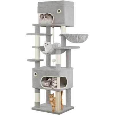 17 Stories Cat Tree for Indoor Cats, Multi-layer Scratching Post with Large Platform, 2 Caves, 7 Sisal Posts, Pompoms, Cat Basket, Hammock, Suitable for Cats Light Grey 178cm H x 55cm W x 45cm D 17 Stories Cat Tree for Indoor Cats, Multi-layer Scratching Post with Large Platform, 2 Caves, 7 Sisal Posts, Pompoms, Cat Basket, Hammock, Suitable for Cats Light Grey 178cm H x 55cm W x 45cm D