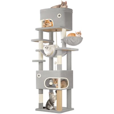 17 Stories Cat Tree for Indoor Cats, Multi-layer Scratching Post with Large Platform, 2 Caves, 7 Sisal Posts, Pompoms, Cat Basket, Hammock, Suitable for Cats Light Grey 203cm H x 60cm W x 50cm D 17 Stories Cat Tree for Indoor Cats, Multi-layer Scratching Post with Large Platform, 2 Caves, 7 Sisal Posts, Pompoms, Cat Basket, Hammock, Suitable for Cats Light Grey 203cm H x 60cm W x 50cm D