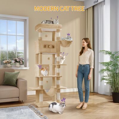 17 Stories Cat Tree for Indoor Cats, Large Tall Cat Tower, Multi-Level Cats House with Condo, 8 Scratching Posts, Hammock, 4 Pom Poms Camel Brown 210cm H x 60cm W x 50cm D 17 Stories Cat Tree for Indoor Cats, Large Tall Cat Tower, Multi-Level Cats House with Condo, 8 Scratching Posts, Hammock, 4 Pom Poms Camel Brown 210cm H x 60cm W x 50cm D