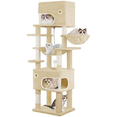 17 Stories Cat Tree for Indoor Cats, Multi-layer Scratching Post with Large Platform, 2 Caves, 7 Sisal Posts, Pompoms, Cat Basket, Hammock, Suitable for Cats Beige 178cm H x 55cm W x 45cm D 17 Stories Cat Tree for Indoor Cats, Multi-layer Scratching Post with Large Platform, 2 Caves, 7 Sisal Posts, Pompoms, Cat Basket, Hammock, Suitable for Cats Beige 178cm H x 55cm W x 45cm D