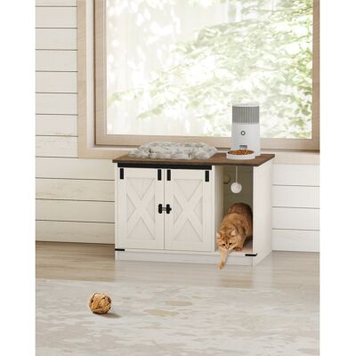 Lily Manor Cat Litter Box Enclosure, Hidden Litter Box Cabinet Furniture with Cat Bell, Indoor Cats House, Farmhouse Style, 80 x 50 x 53 cm, for Hallway, Bedroom Rustic Brown and White 53cm H X 80cm W X 50cm D Lily Manor Cat Litter Box Enclosure, Hidden Litter Box Cabinet Furniture with Cat Bell, Indoor Cats House, Farmhouse Style, 80 x 50 x 53 cm, for Hallway, Bedroom Rustic Brown and White 53cm H X 80cm W X 50cm D