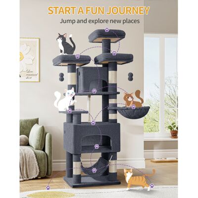 Archie & Oscar Cat Tree for Indoor Cats, 176cm Large Cat Tower, Multi-layer Scratching Post with 3 Platforms, 2 Caves, 7 Sisal Posts, Hammock, Pompoms, Heavy-Duty fo Dark Grey 176cm H X 55cm W X 45cm D Archie & Oscar Cat Tree for Indoor Cats, 176cm Large Cat Tower, Multi-layer Scratching Post with 3 Platforms, 2 Caves, 7 Sisal Posts, Hammock, Pompoms, Heavy-Duty fo Dark Grey 176cm H X 55cm W X 45cm D