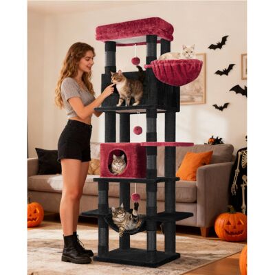 17 Stories Cat Tree for Indoor Cats, Large Tall Cat Tower, Multi-Level Cats House with Condo, 8 Scratching Posts, Hammock, 4 Pom Poms Black/Red 170cm H x 50cm W x 40cm D 17 Stories Cat Tree for Indoor Cats, Large Tall Cat Tower, Multi-Level Cats House with Condo, 8 Scratching Posts, Hammock, 4 Pom Poms Black/Red 170cm H x 50cm W x 40cm D