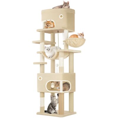 17 Stories Cat Tree for Indoor Cats, Multi-layer Scratching Post with Large Platform, 2 Caves, 7 Sisal Posts, Pompoms, Cat Basket, Hammock, Suitable for Cats Beige 203cm H x 60cm W x 50cm D 17 Stories Cat Tree for Indoor Cats, Multi-layer Scratching Post with Large Platform, 2 Caves, 7 Sisal Posts, Pompoms, Cat Basket, Hammock, Suitable for Cats Beige 203cm H x 60cm W x 50cm D