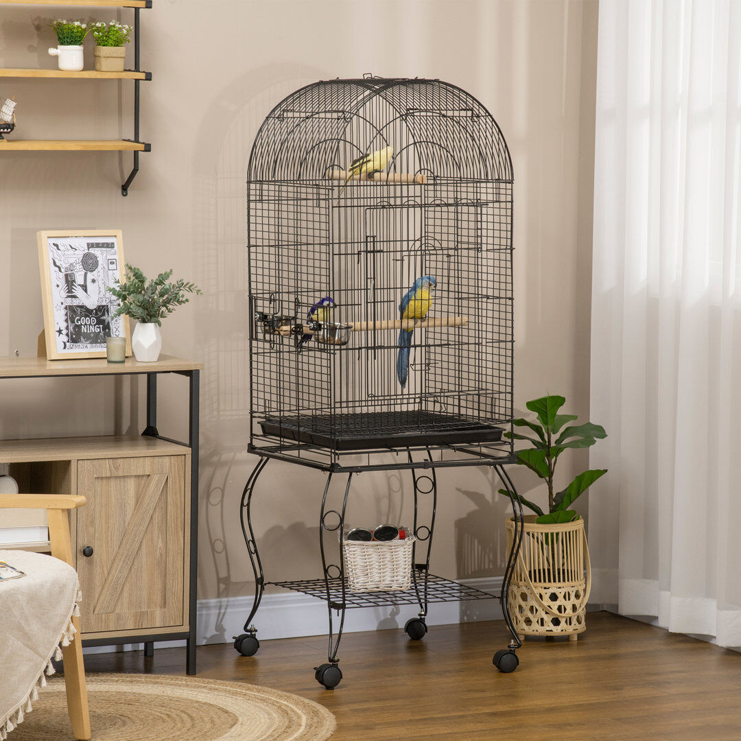 PawHut 153cm Steel Dome Top Floor Bird Cage with Tray Black 153cm H X 51cm W X 51cm D