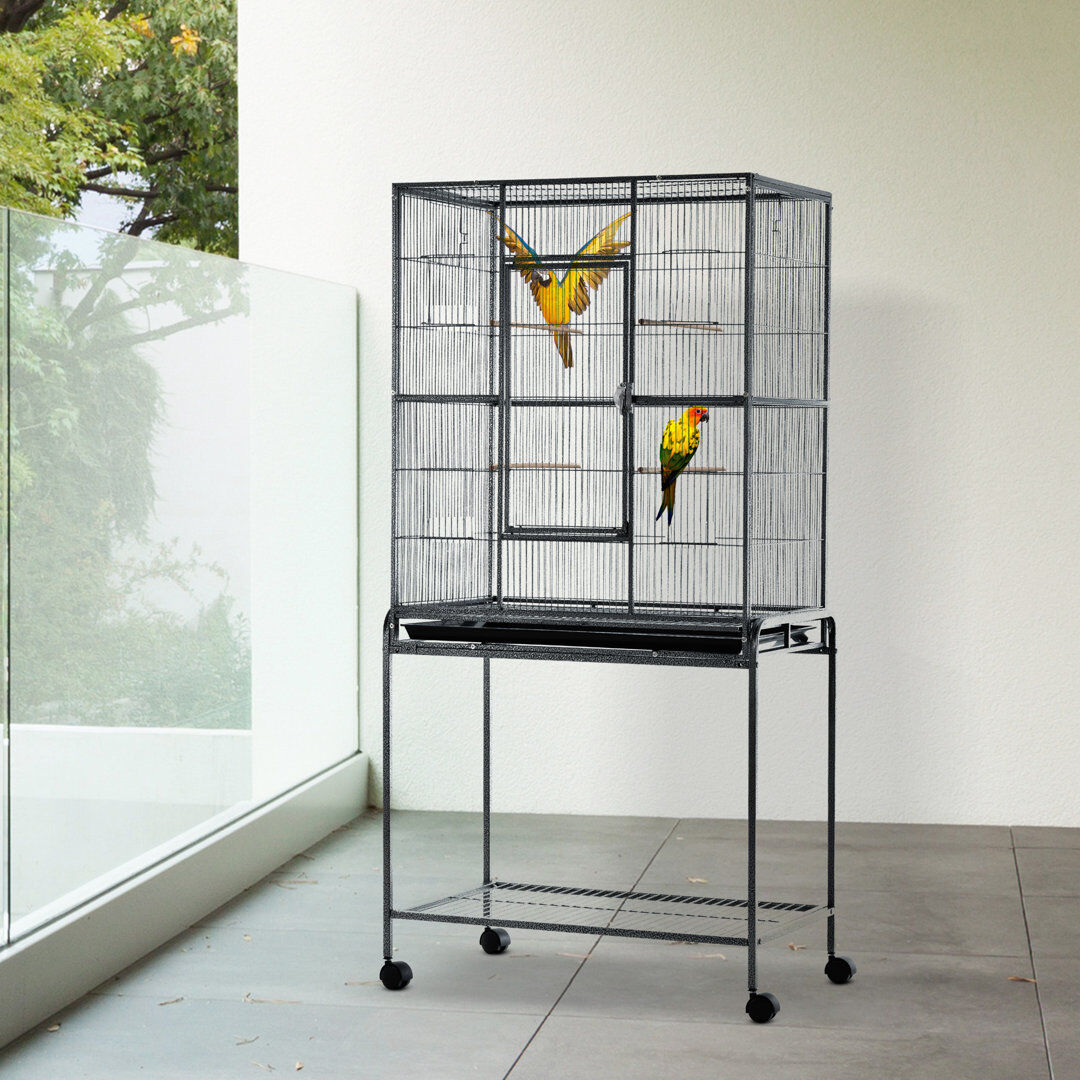 PawHut 162.5Cm Steel Dome Top Flight Cage with Wheels Black 162.5cm H X 81cm W X 48cm D