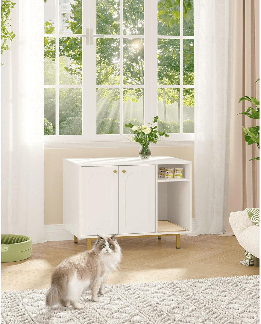 Archie & Oscar Cat Litter Box Enclosure, Hidden Litter Box Furniture with Scratching Mat, Wooden Pet House Side End Table, Tall Legs, Double Doors, 80 x 50 x 61 cm, White/Gold 61cm H X 80cm W X 50cm D