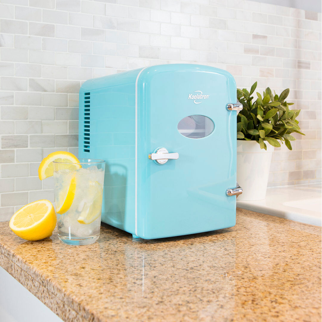 Koolatron Europe Koolatron Retro Mini Fridge 4L 6 Can Portable Cooler Warmer for Bedrooms Blue 10.0cm H X 6.8cm W X 17.78cm D