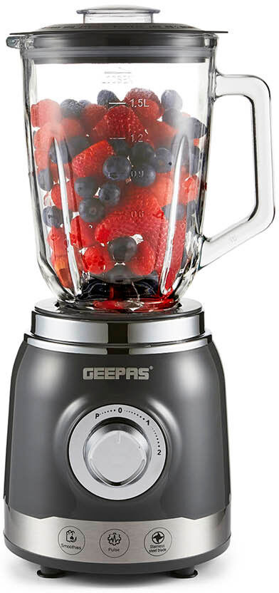 GEEPAS Electric Blender Smoothie Maker, 700W Glass Jug Blender with Ice Crusher Stainless Steel Blades 2 Speed Control with Pulse Function 1.5L Glass Grey 1,500ml