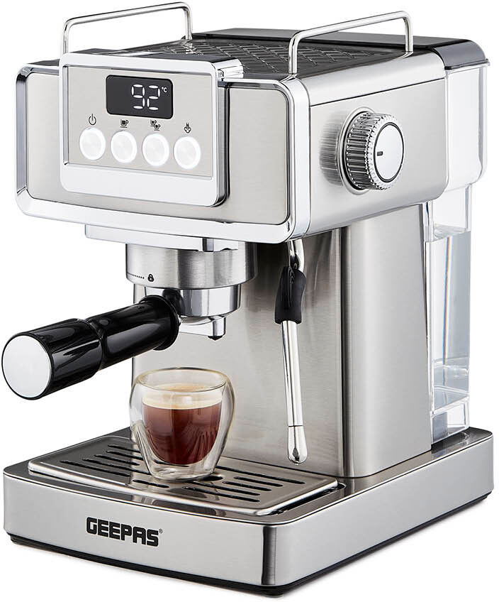 GEEPAS 1465W Espresso Coffee Machine With Milk Frother, 20 Bar Pressure Silver 1.8L