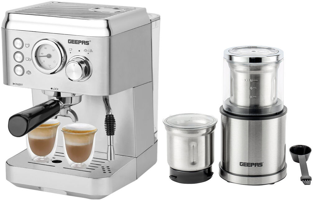 Geepas 1140W Espresso & Cappuccino Coffee Machine & 200W Coffee Grinder Combo Set - Milk Frother, Electric Wet & Dry Food Processor Silver;Black 1.8L