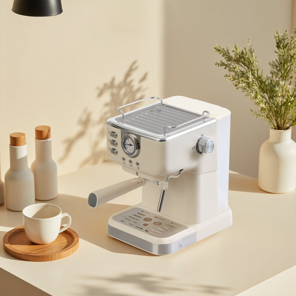 Belfry Kitchen Retro Coffee Espresso Machine with Latte Milk Frother White 1.5L