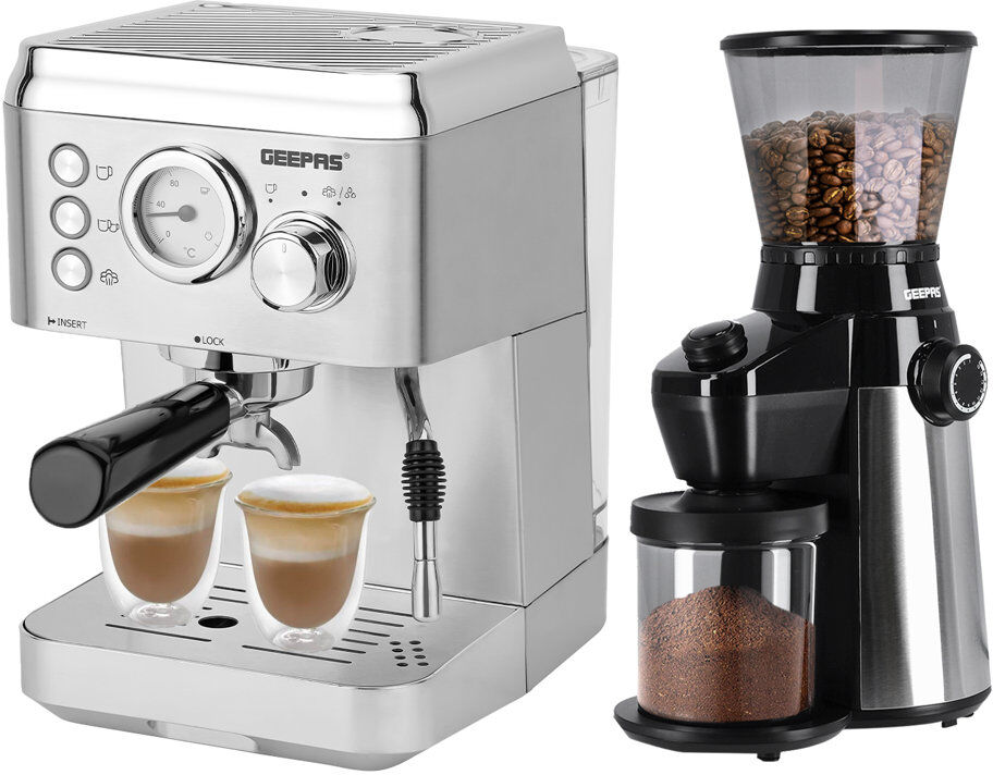 Geepas 1140W Espresso & Cappuccino Coffee Machine & Conical Burr Coffee Grinder Combo Set- Milk Frother, Coffee Grinder With 15 Precise Settings Silver;Black 1.8L