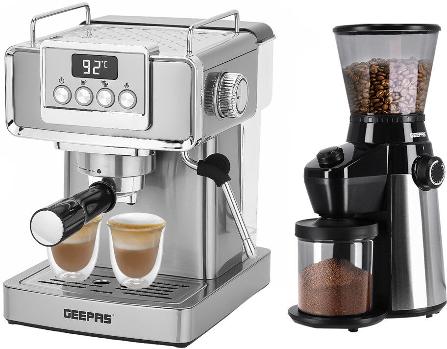 Geepas Espresso Coffee Machine & Conical Burr Coffee Grinder Combo Set - 1465W Coffee Maker With Milk Frother, Coffee Grinder With 15 Precise Settings Silver;Black 1.8L