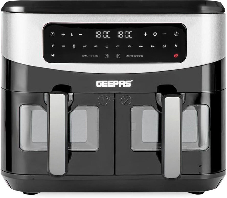 GEEPAS Dual Zone Digital Air Fryer with Visual Window 9L XL Capacity 2 Drawers 10-In-1 Cooking Presets Silver;Black 9L