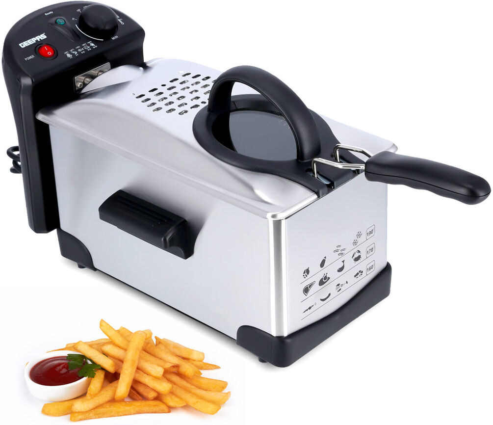 GEEPAS 3L Deep Fat Fryer Adjustable Temperature Control Stainless Steel 2100W Silver 3