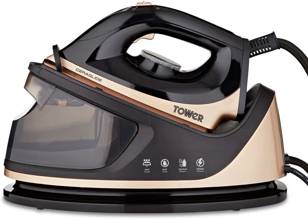 Tower T22023GLD Ceraglide Steam Generator Iron, 3 Bar Pressure, 2700W, 1.2 Litre Detachable Water Tank, 80g/min Continuous Steam, Vertical Steam, Cham black/gray 25.0 H x 36.0 W x 18.5 D cm