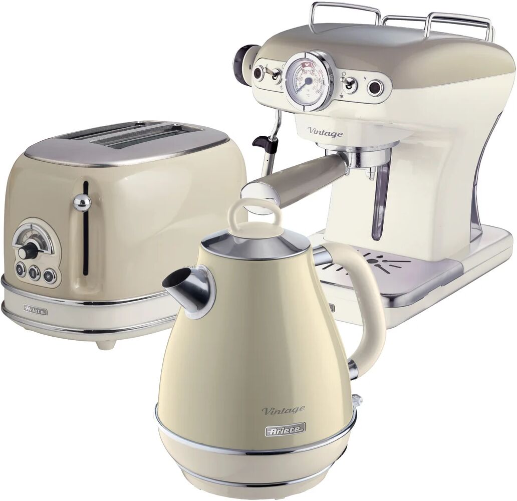 Ariete Vintage 1.7L Stainless Steel Kettle with 2 Slice Toaster and 15 Bar Pump Espresso Coffee Machine Set gray 30.5 H x 22.0 W x 22.0 D cm