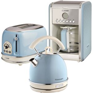 Ariete Vintage 1.7L Stainless Steel Dome Kettle with 2 Slice Toaster and 12 Cup Coffee Machine Set Blue 1.7L