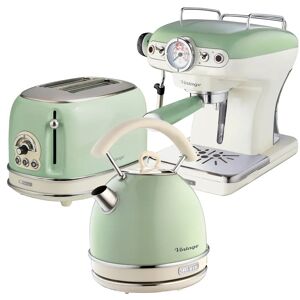 Ariete Vintage 1.7L Stainless Steel Kettle with 2 Slice Toaster and 15 Bar Pump Espresso Coffee Machine Set green 28.0 H x 24.5 W x 23.5 D cm