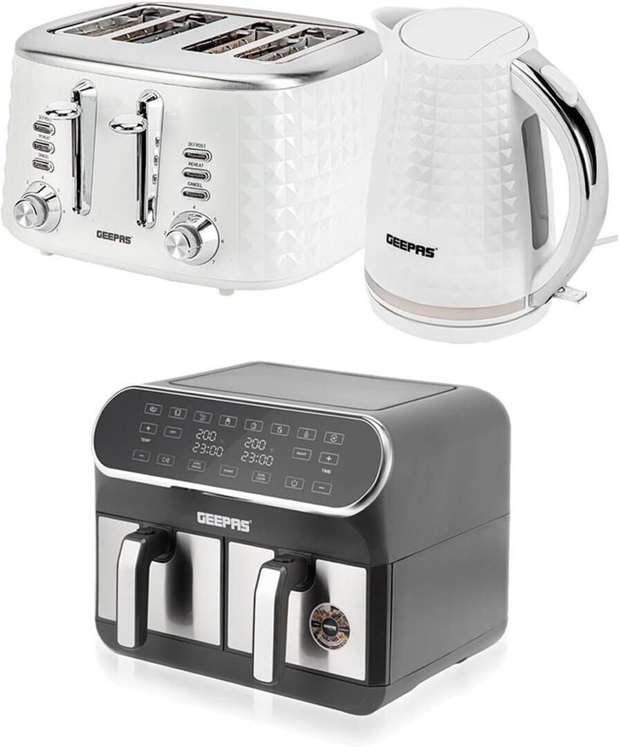 GEEPAS 8L Dual Basket Air Fryer, 1.7L Kettle & 4 Slice Toaster Appliances Set White 4 - Slice