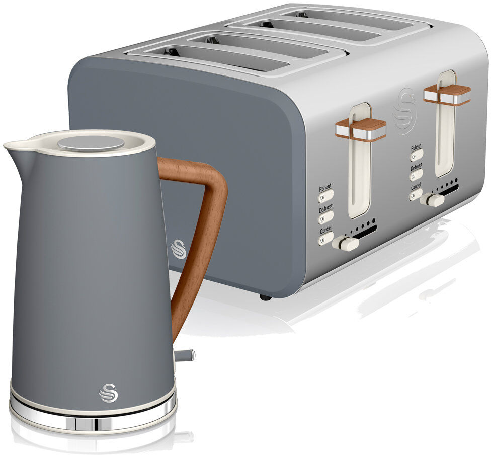 Swan 1.7L Stainless Steel Electric Kettle with 4 Slice Toaster Grey 1.7L