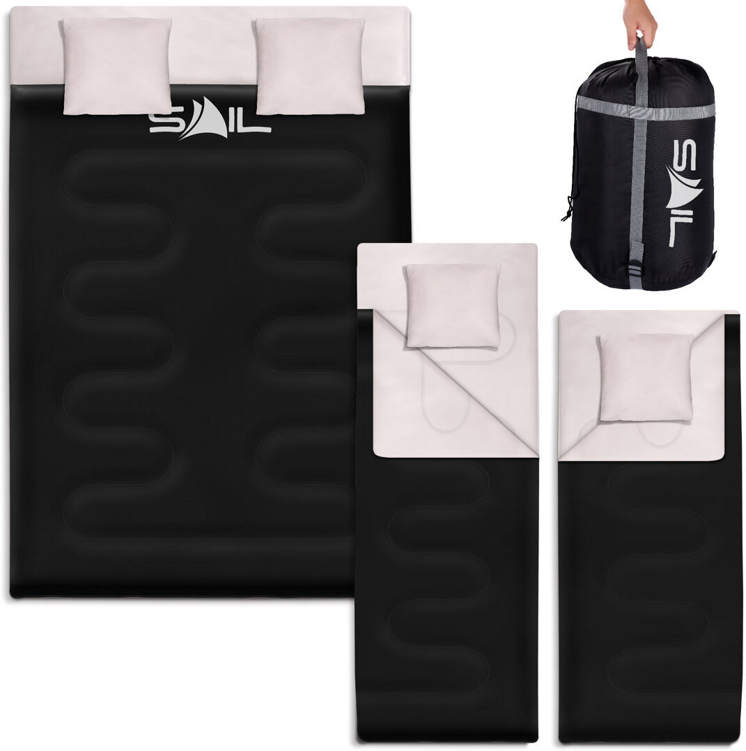 SAIL Double Sleeping Bag with 2 Pillows for 3-4 Season (250gsm) Black 2 Person