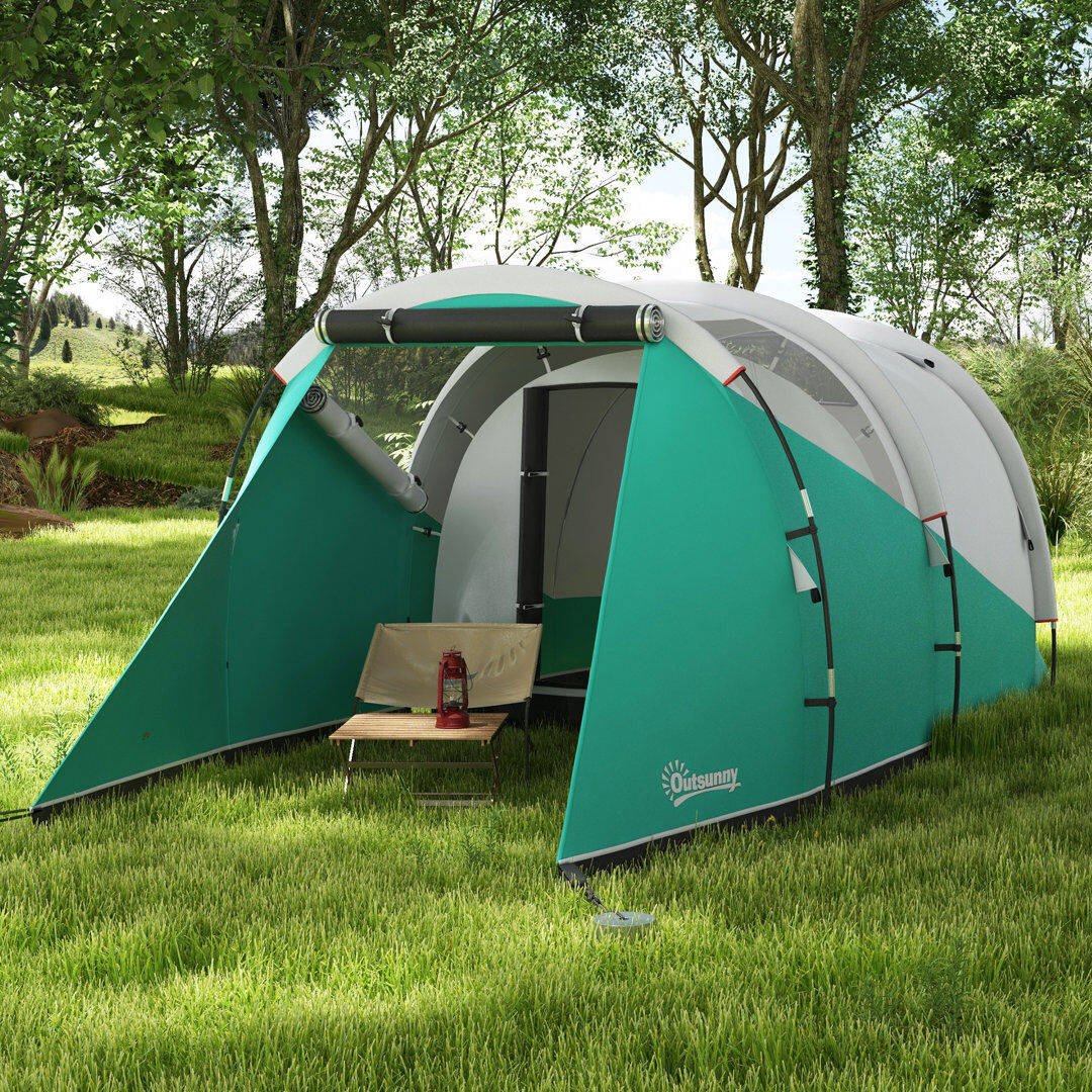 Outsunny Tunnel tent, camping tent for 5 people, family tent with 2 rooms Green 5 Person